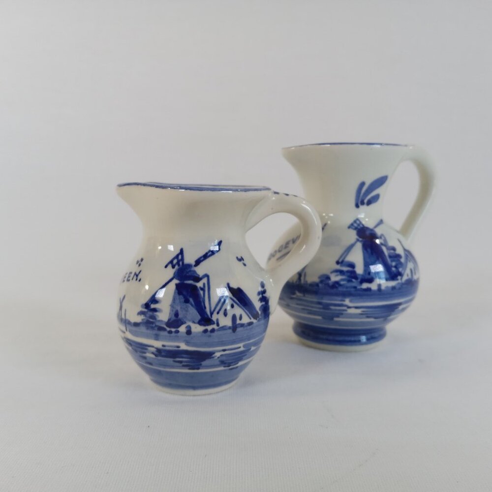 2 Vintage Delft Holland Miniature Pitchers 3" 2.25" Hoogeveen Windmill Floral
